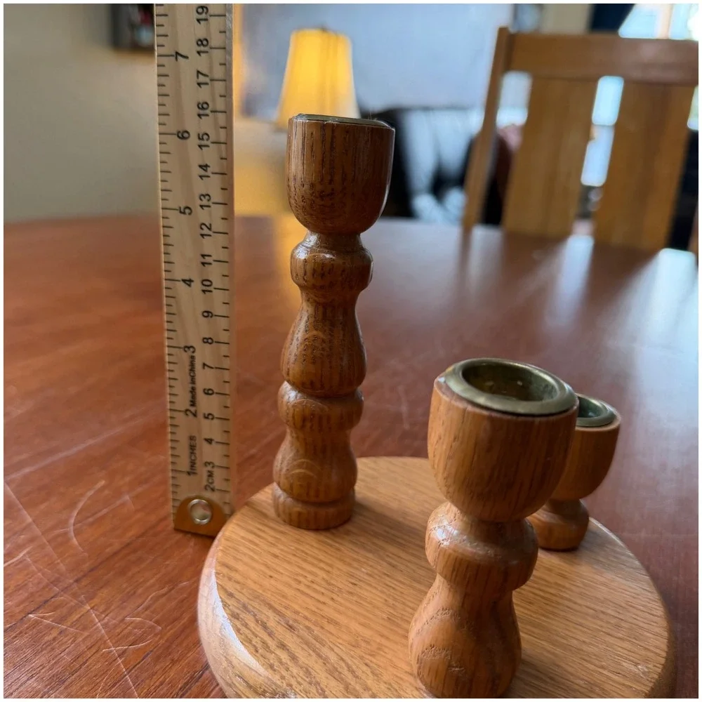 NativeWood Ozark Harvest Oak Triple Taper Candle Holder Candelabra Brass Cups